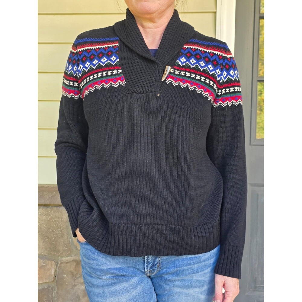 Lauren Ralph Lauren Cotton Sweater Black Shawl Fair Isle Nordic Design Toggle XL